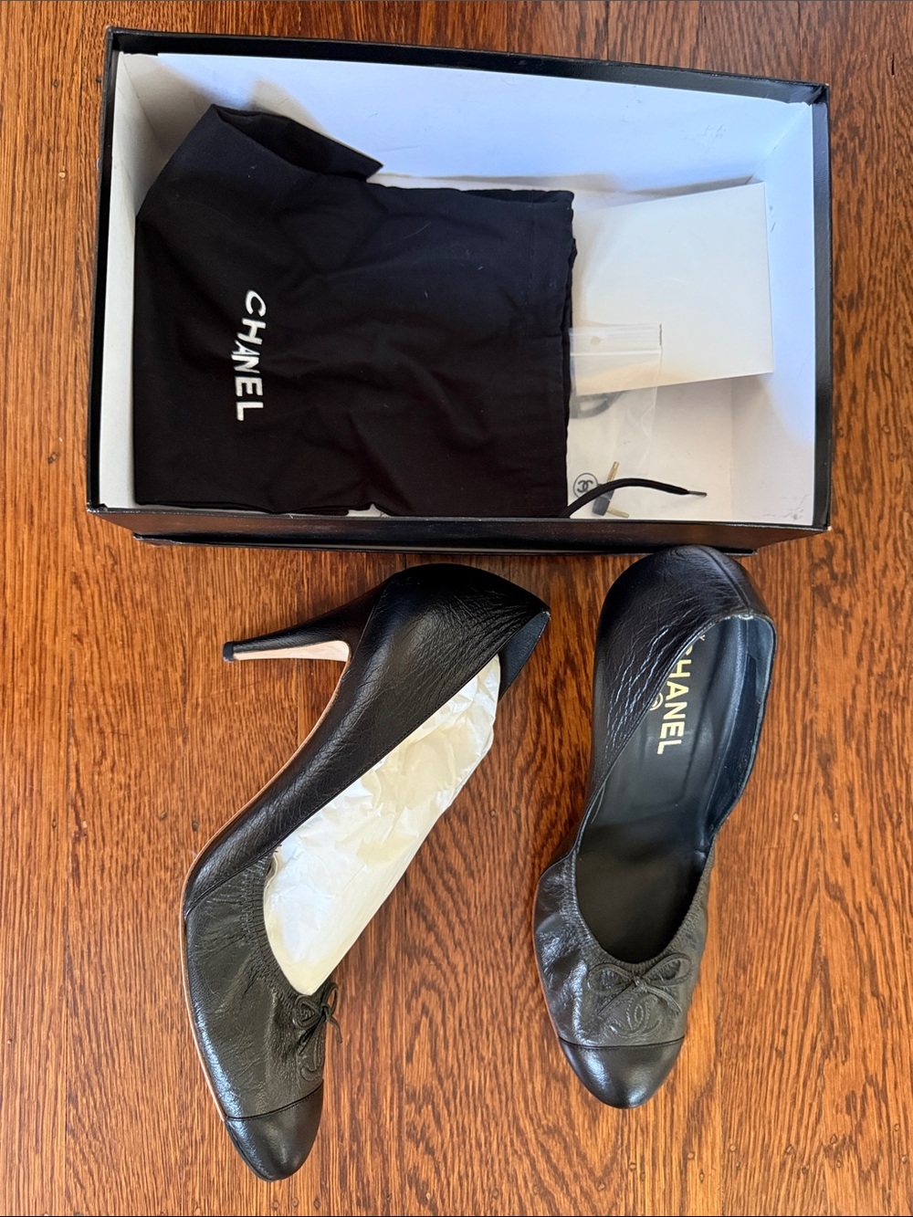 Chanel cap toe bow two toned heels